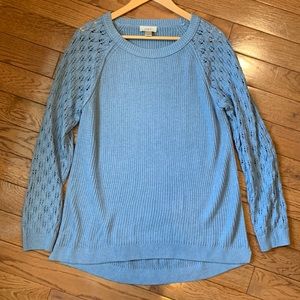 Loft Crochet Open Knit Sleeve Ribbed Blue Sweater